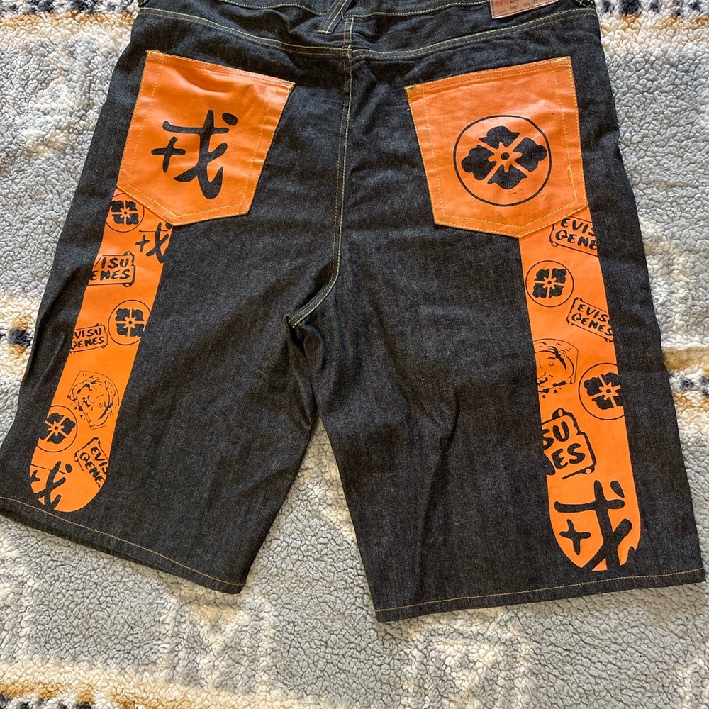 Japanese Evisu Black and Orange Denim Shorts - rare